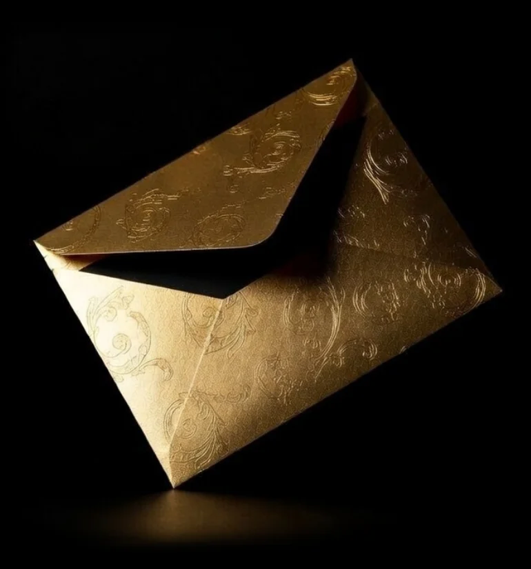 A luxurious gold envelope, opened, with subtle embossed floral patterns, centred against a deep black background.