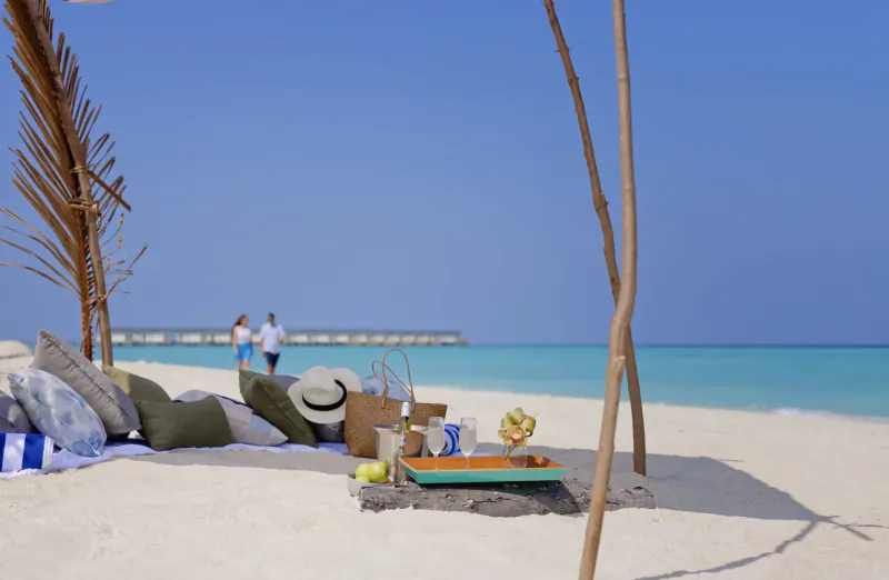 Romantic beach picnic setup for two at Amari Raaya Maldives: cushions, fruits, drinks under bamboo shelter by turquoise sea.