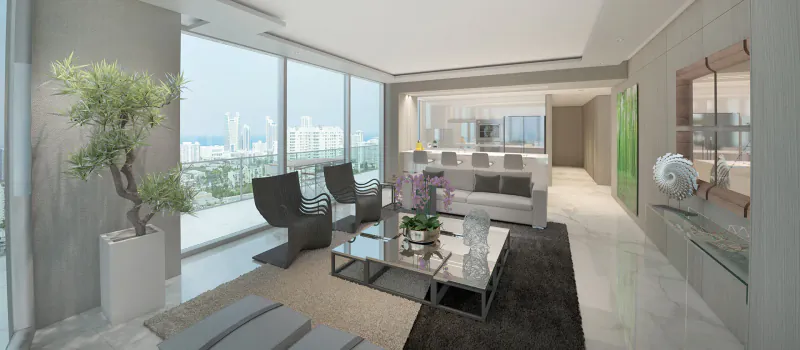Spacious modern luxury living room in Oasis Hallandale with city skyline view, black chairs, glass table, plants, open kitchen.