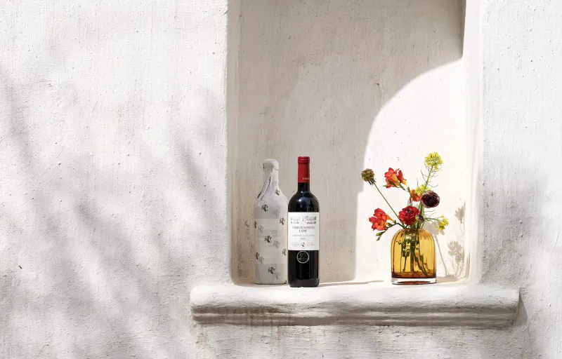 Red wine bottle labeled 'Vergenoegd Löw' and colorful flowers in yellow vase on white windowsill with shadows