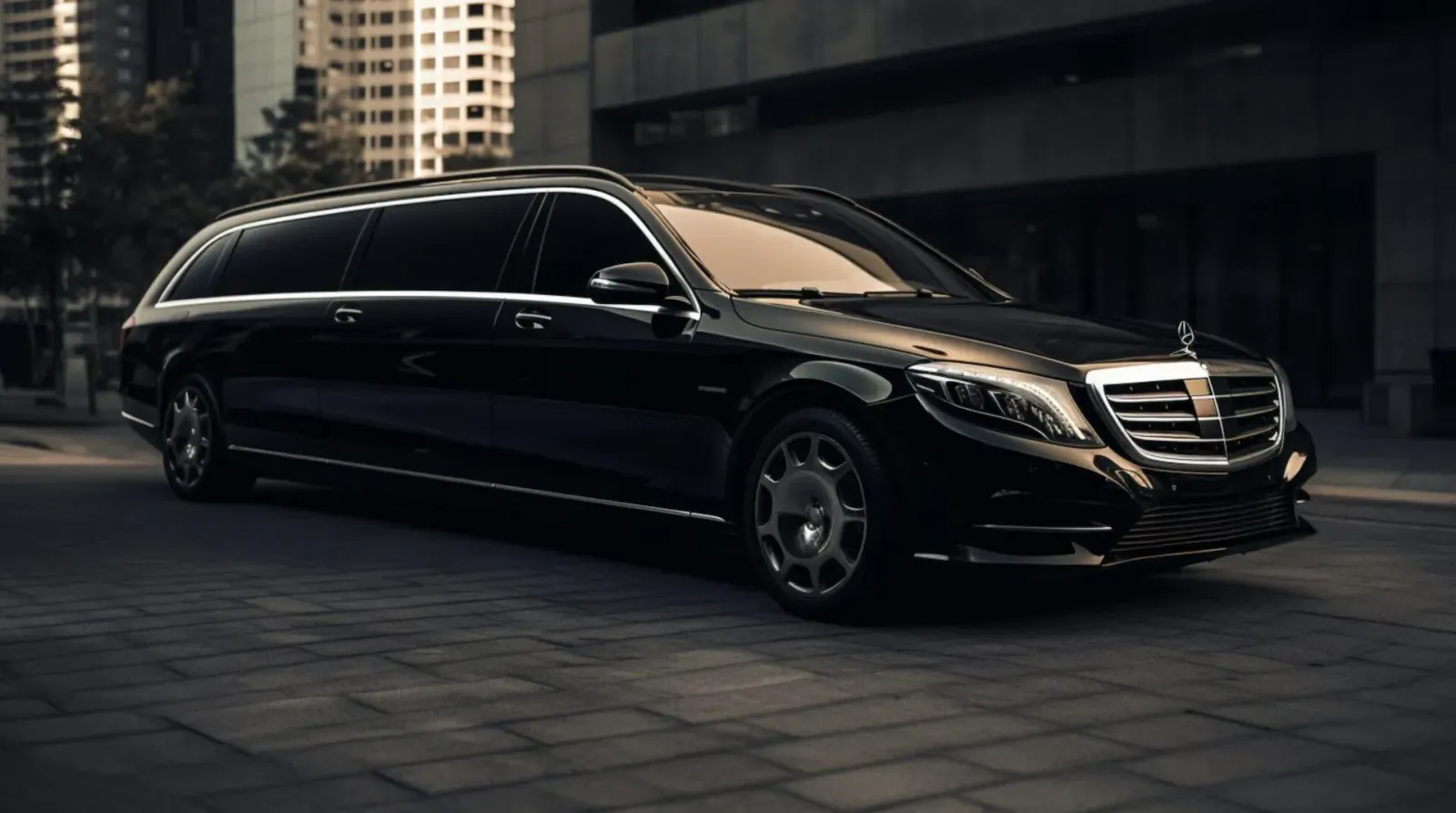 Sleek black Mercedes-Benz S-Class limousine parked on urban street near tall buildings for DC airport transfers.