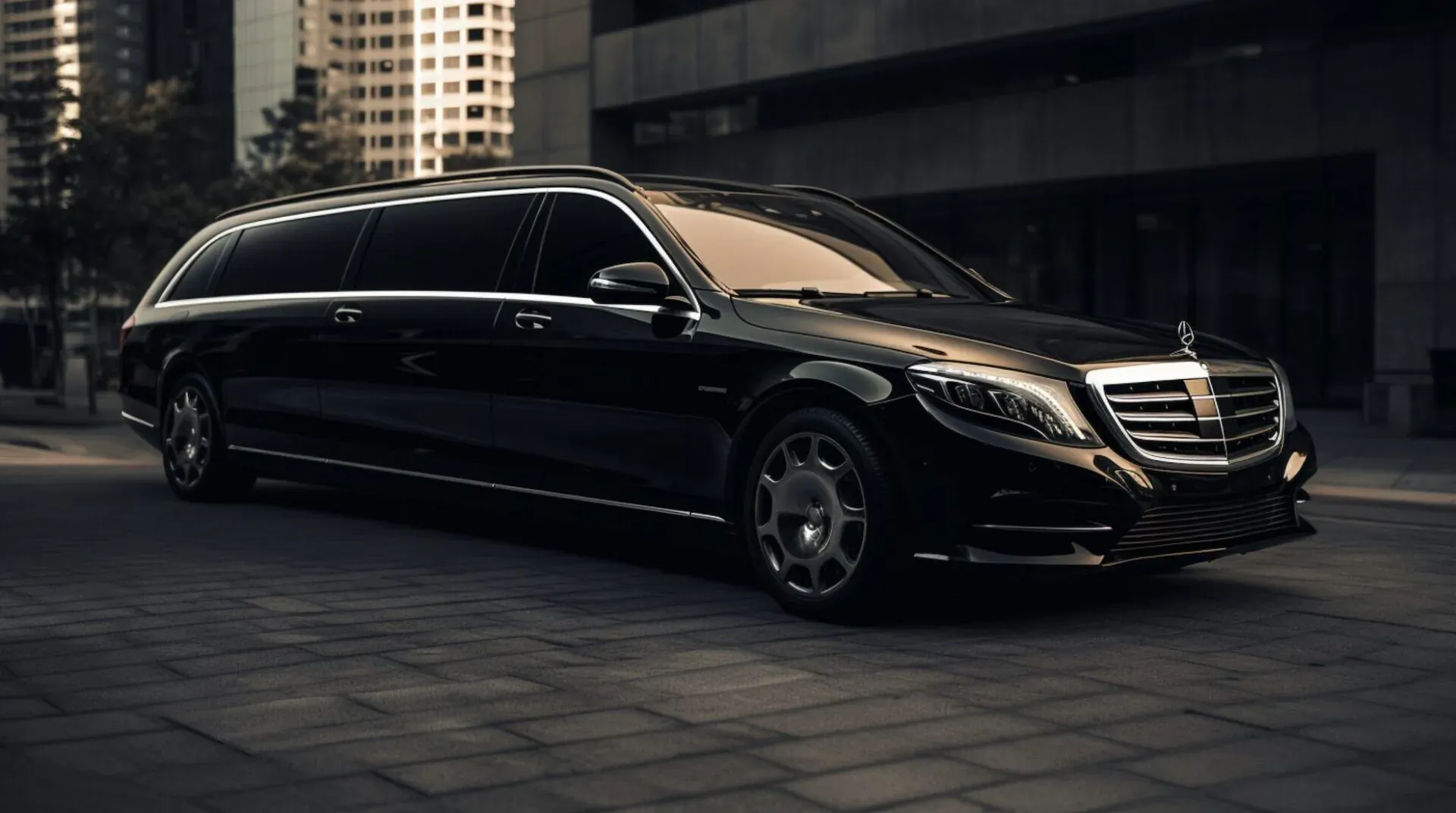 Sleek black Mercedes-Benz S-Class limousine parked on urban street near tall buildings for DC airport transfers.