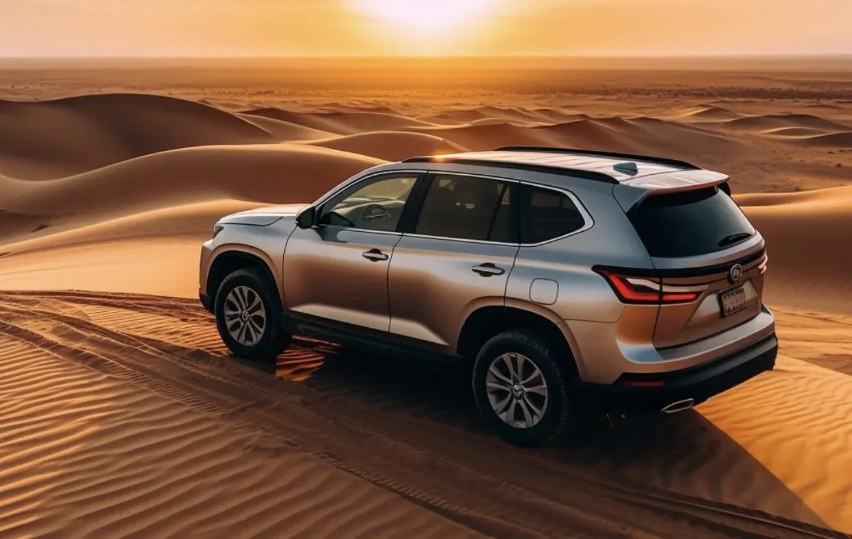 Silver SUV driving on sandy dunes in Morocco at sunset