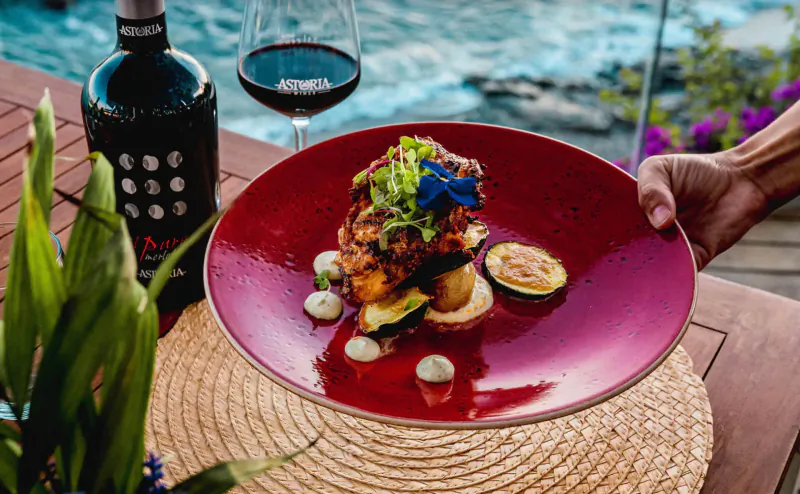Hand holding red plate of grilled seafood with zucchini, edible flowers, beside red wine bottle and glass, turquoise sea view