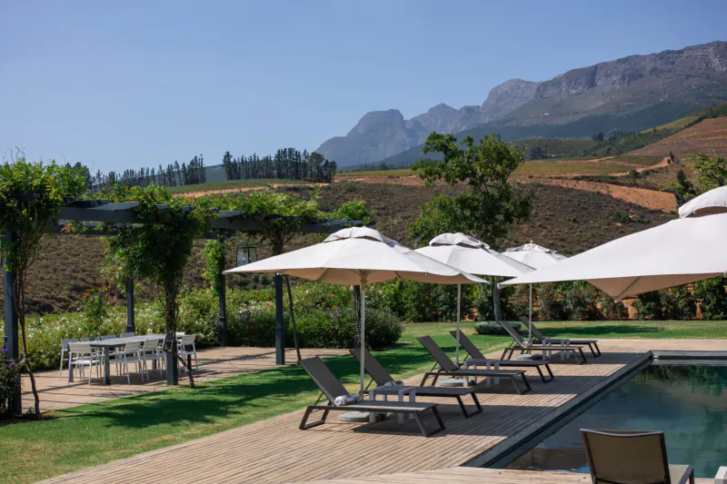 Luxury poolside at Brookdale Wine Estate with loungers, umbrellas, table, vineyards, and mountains under blue sky.