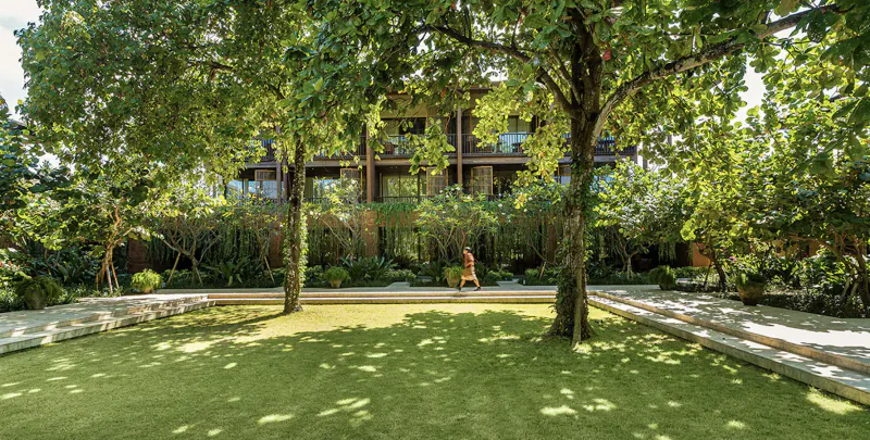 Lush tropical garden courtyard with tall trees, green lawn, stone benches, and modern multi-level wooden building behind; person walking.