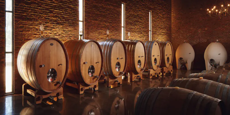 Row of large oak wine barrels in Brookdale Wine Estate's brick cellar, Paarl.