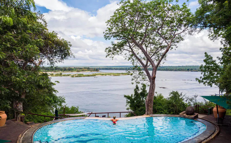 Person swimming in infinity pool overlooking Zambezi River at lush riverside lodge in Zambia.