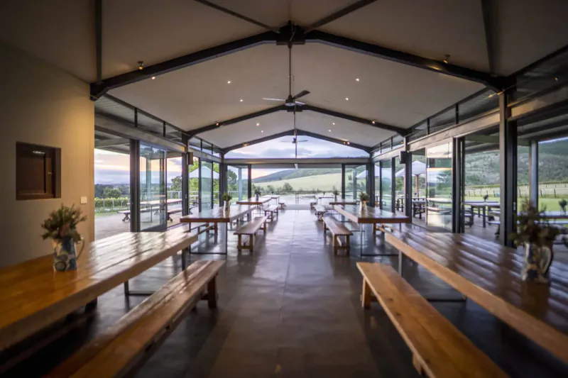 Spacious modern winery dining hall with wooden tables, benches, flowers, and sunset vineyard views through glass walls.