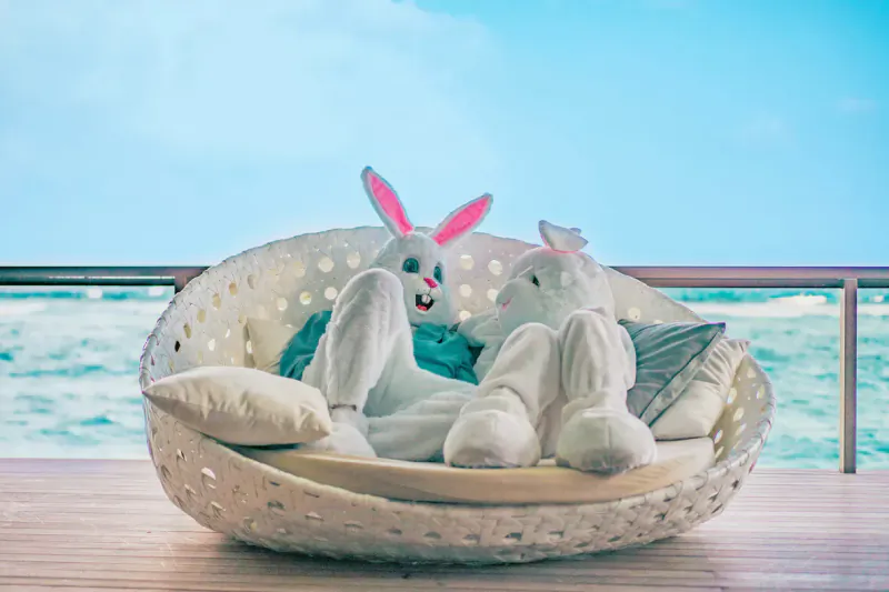 Two smiling Easter bunny mascots lounging in a large white woven basket on a balcony overlooking turquoise ocean at beach resort