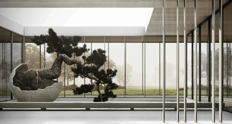 Modern minimalist atrium with bonsai tree in white egg pot, glass walls, steel columns, and misty garden view.