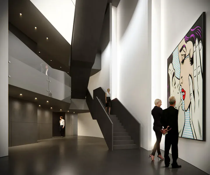 Couple in suits views large Pop Art portrait of woman in modern art'otel Hoxton gallery with dark staircase.