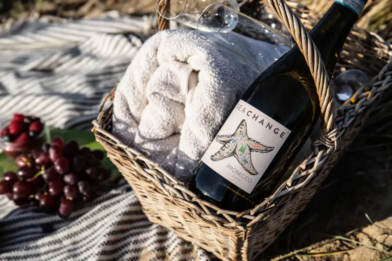 Picnic basket with Sea Change wine bottle, two wine glasses, white towel, red grapes on checkered blanket outdoors.