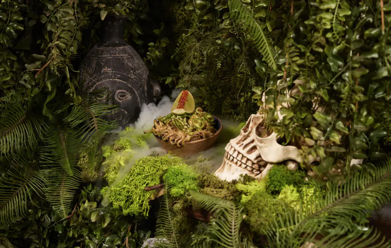 Halloween display in lush jungle ferns: skull with moss, dry ice fog, and bowl of greens topped with lime wedge