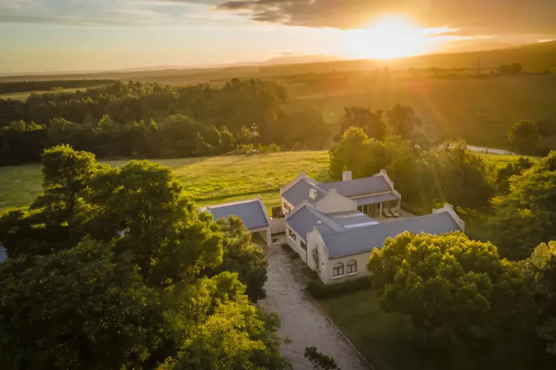 Aerial view of Kay & Monty Vineyards farmhouse amid green fields and trees at golden hour sunset on Plett Wine Route
