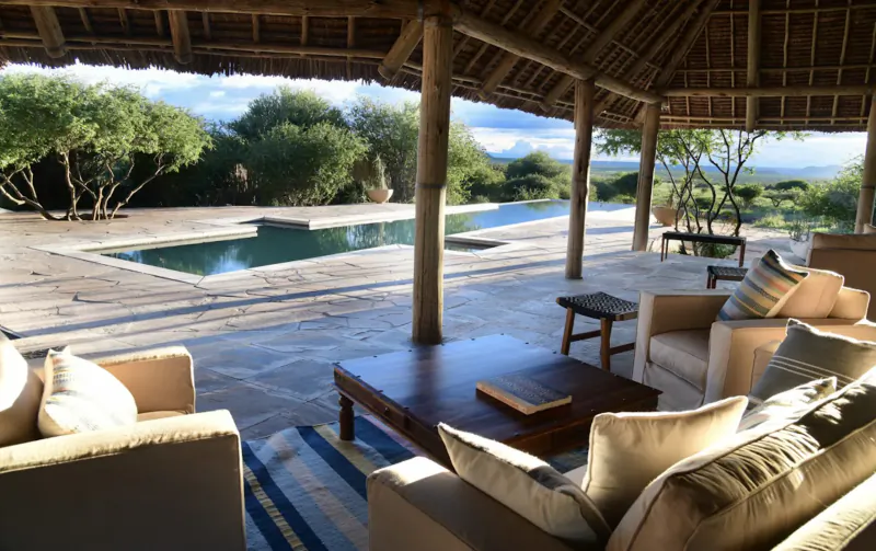 Luxury thatched veranda with plush outdoor seating around wooden table, infinity pool, savanna landscape beyond.