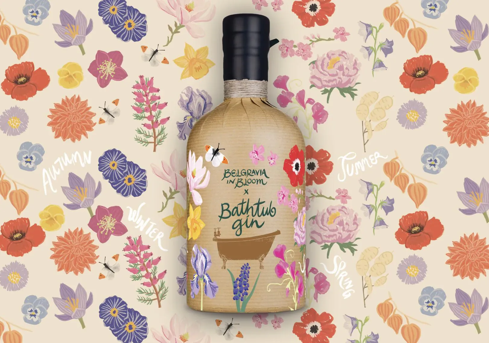 Belgravia Bathtub Gin bottle with bathtub label and floral design on flower-patterned background