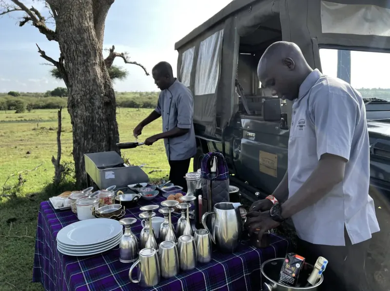 Two men in shirts prepare breakfast on a table with silver pots, coffee urns, and plates beside safari tent and acacia tree in African savanna.