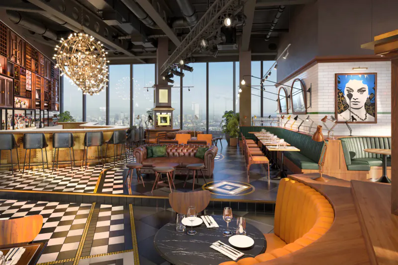 Elegant interior of Lucky Cat restaurant at 22 Bishopsgate with gold bar, green booths, art, and city skyline view.