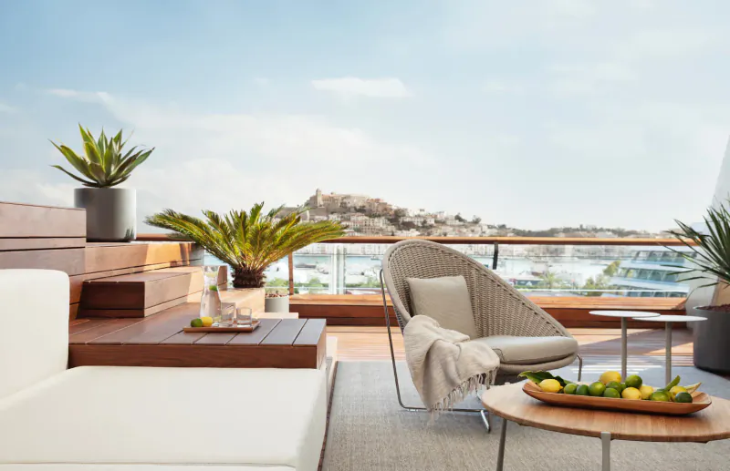 Luxurious hotel terrace with wicker armchair, lemon platter on table, potted palms, and Ibiza sea views.