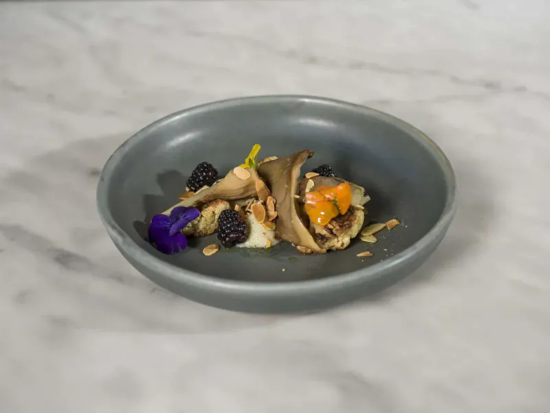 Close-up of gourmet dish in grey bowl: mushrooms, orange segments, blackberries, edible flowers on marble surface