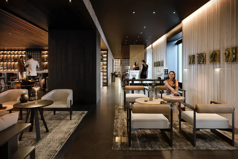 Modern art'otel Rome lobby with wooden walls, wine bar, patrons at sleek tables and chairs