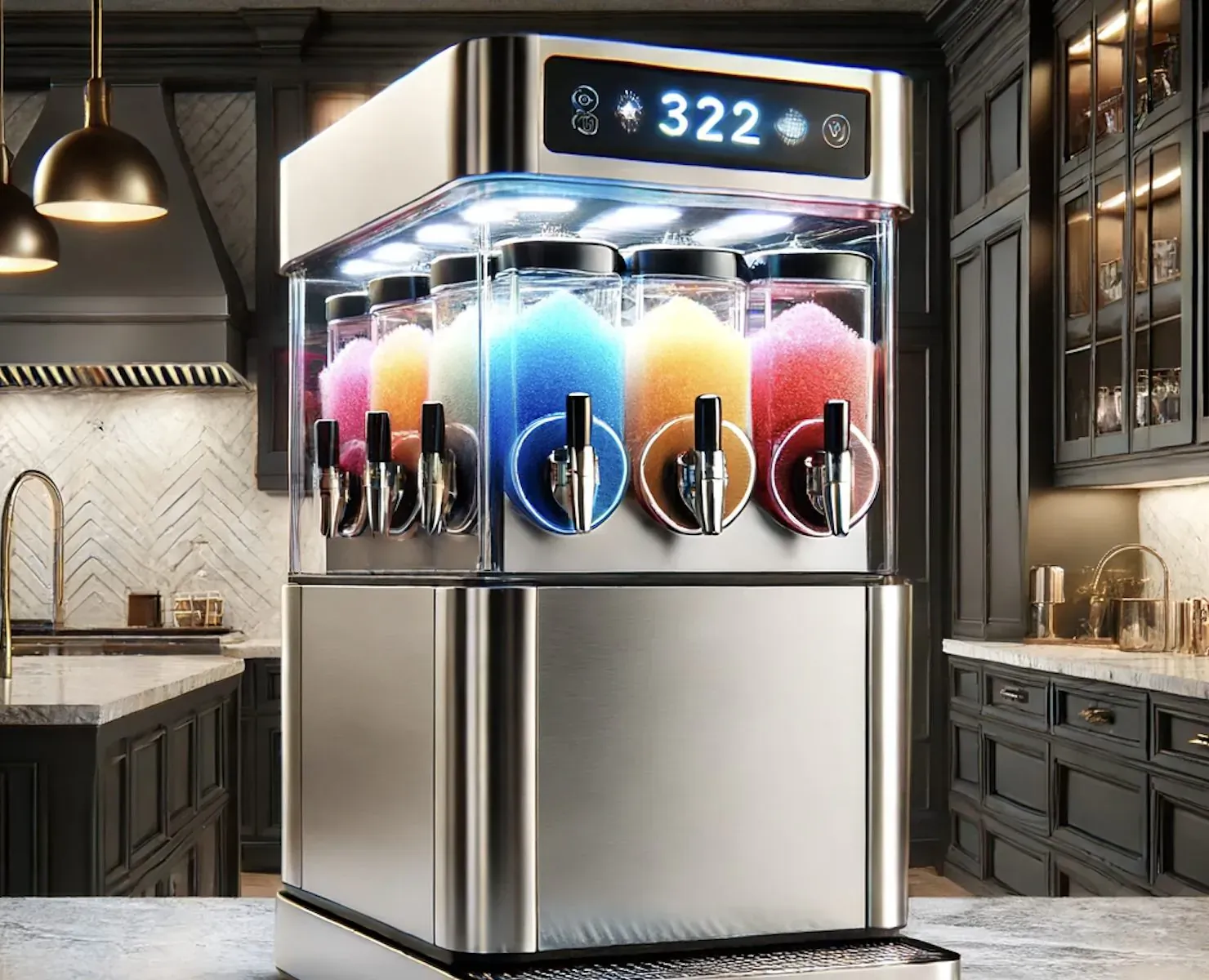 Modern commercial slushy machine with colorful slushies (pink, blue, orange) and digital display showing 322 in kitchen setting.