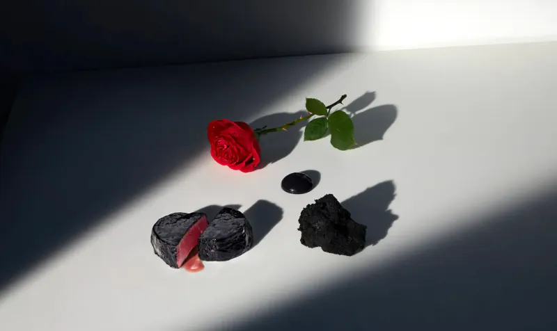 Close-up of vibrant red rose with stem and leaves beside heart-shaped black rock with red streak and small black stone on white surface with shadows.