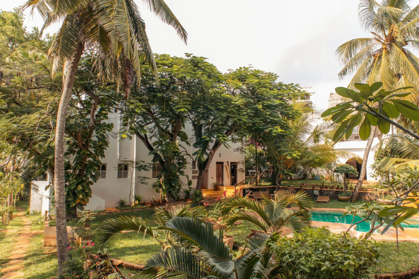 Kijani Hotel on Lamu Island, Kenya: white Swahili-style building with pool amid lush palm trees and greenery