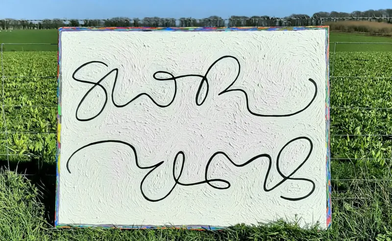 White framed sign with swirling black signature 'Steve Porter' in green field, Signed99 portrait launch