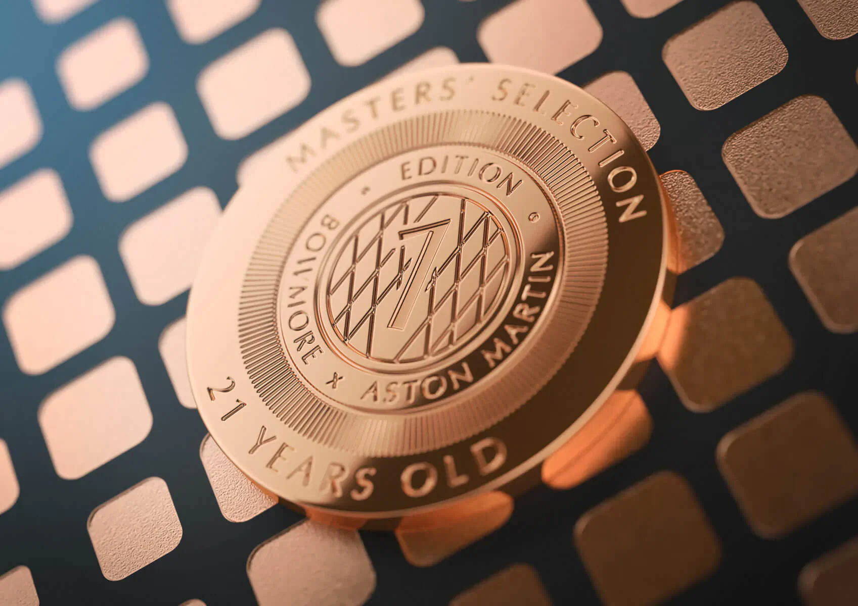 Bowmore Masters' Edition 21 Years Old whisky coin with Aston Martin logo on copper-toned grid background