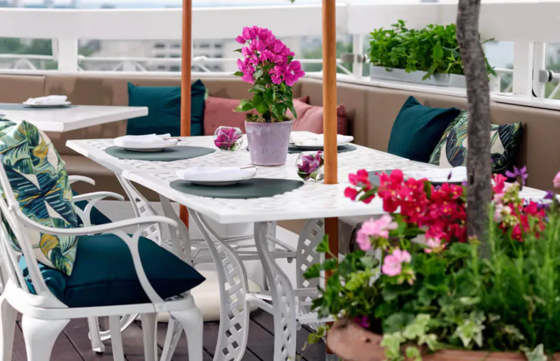 Elegant outdoor patio dining setup at The Dorchester Hotel with white table, green cushions, pink flowers, and city view.