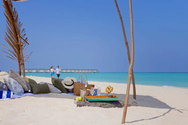 Luxurious beach picnic setup with cushions, fruits, drinks under palm shelter at Maldives resort, ocean and overwater villas beyond