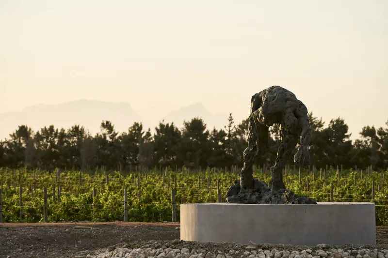 Rugged stone sculpture of crouching figure on pedestal amid Stellenbosch vineyards and mountains at sunset