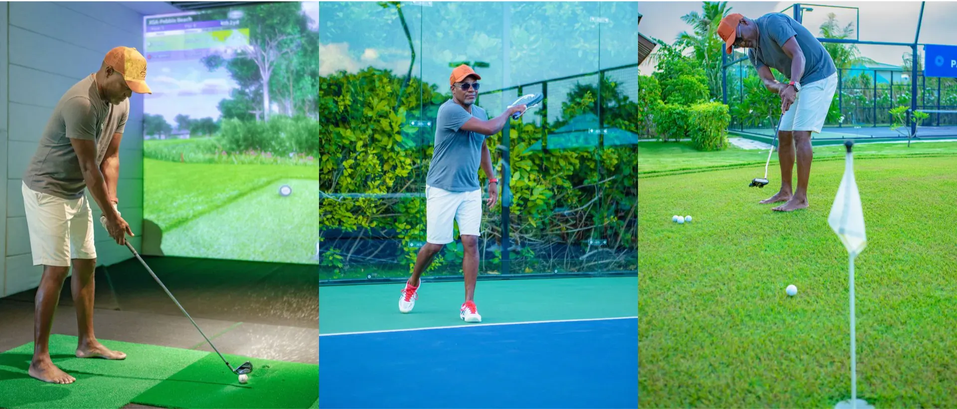 Brian Lara playing golf in three scenes: indoor simulator, hitting on blue court, and outdoor green at Hideaway Beach Resort.