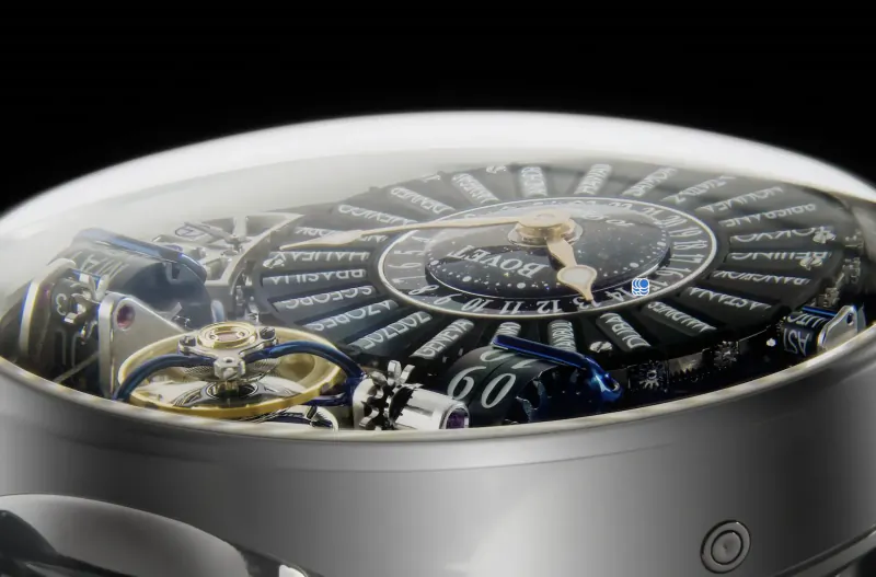 Close-up of BOVET Récital 28 Prowess 1 luxury watch exposing intricate mechanical movement and global timekeeping dials.