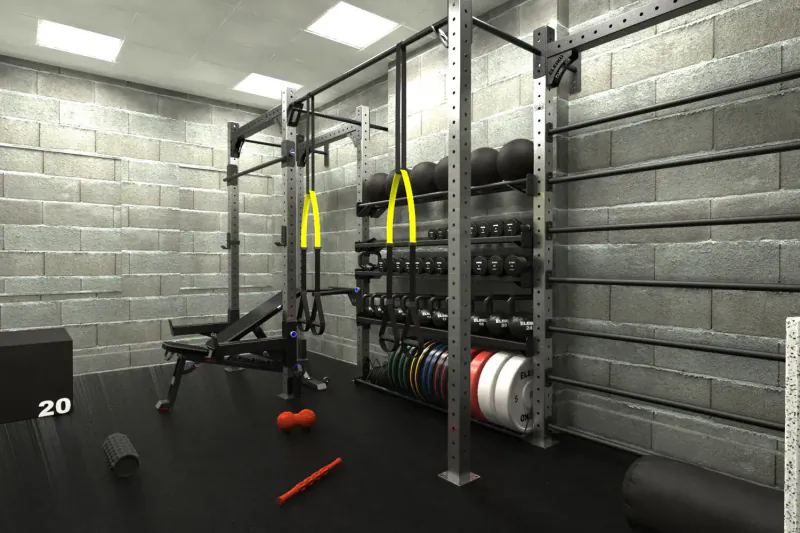 Modern home gym with Eleiko rack, yellow resistance bands, weights, 20kg plates, bench, and black rubber floor against concrete walls.