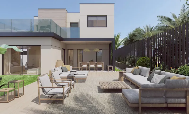 Modern white house in Costa Calida with spacious wooden deck, outdoor seating, palms, and pool under blue sky.