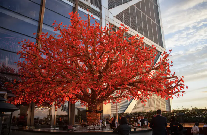 Vibrant red artificial tree beside modern glass building at Sushi Samba gallery, with blurred people and sunset sky.