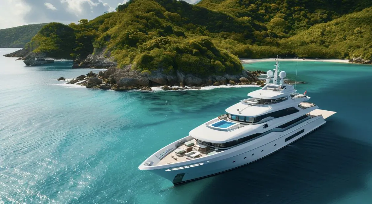 Aerial view of white superyacht cruising turquoise waters near lush green tropical islands.