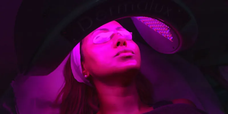 Woman reclining with eyes closed under pink LED light therapy mask labeled 'Dermalux' at Mallucci London aesthetics clinic