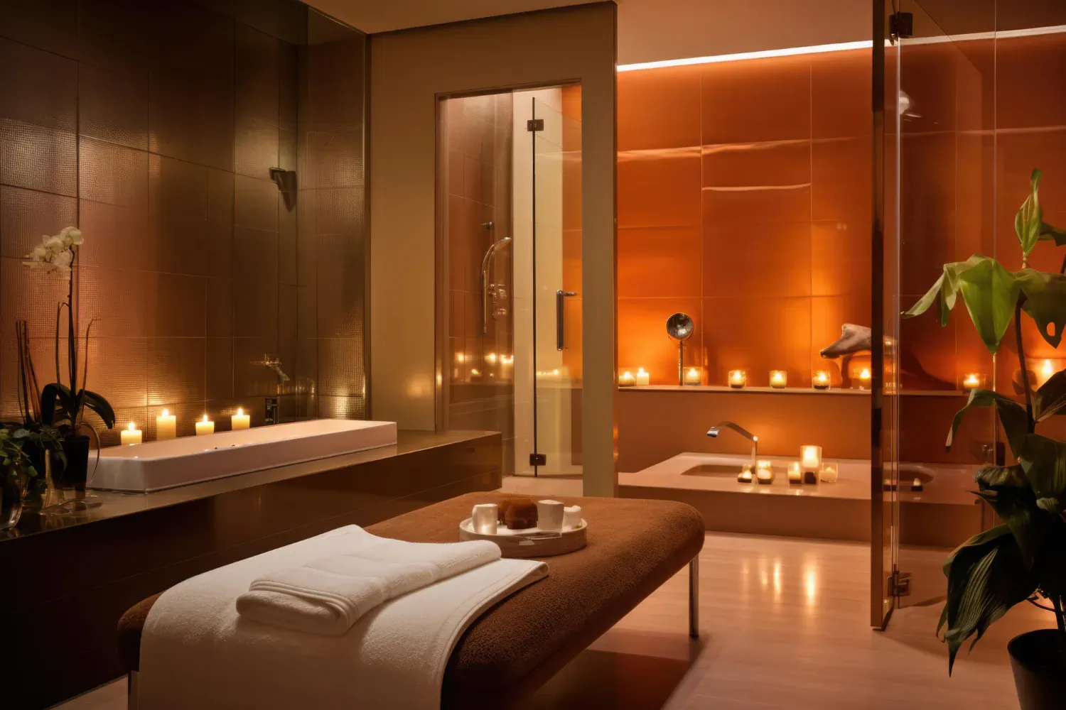 Luxury spa with orange-lit steam shower, candlelit soaking tub, massage table, orchids, and plants for bridal pampering.