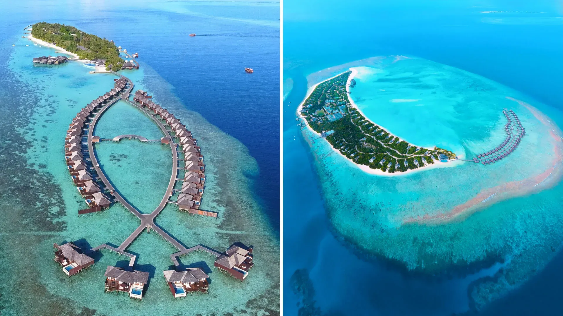 Aerial view of Hideaway and Lily Beach luxury overwater resorts on Maldives turquoise lagoons and islands