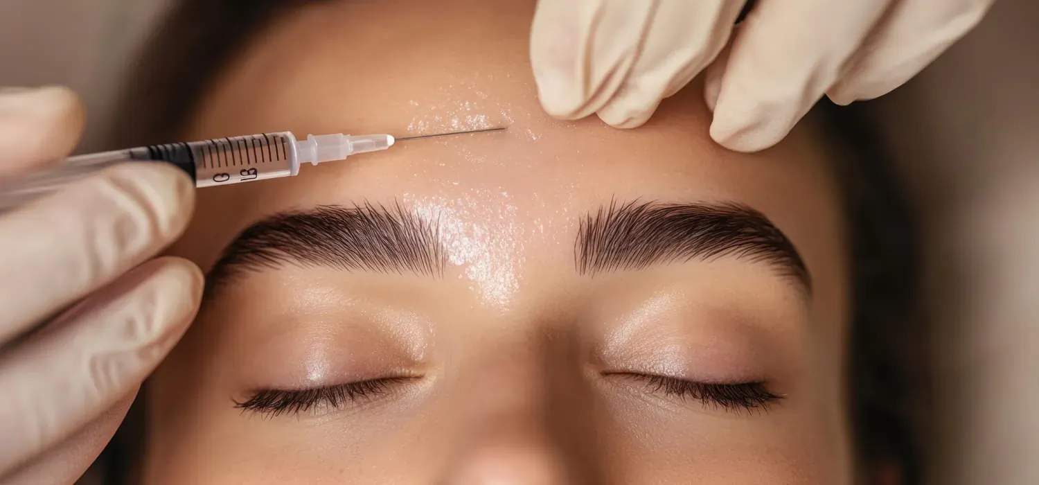 Close-up of clinician in gloves injecting anti-wrinkle filler into woman's forehead with syringe
