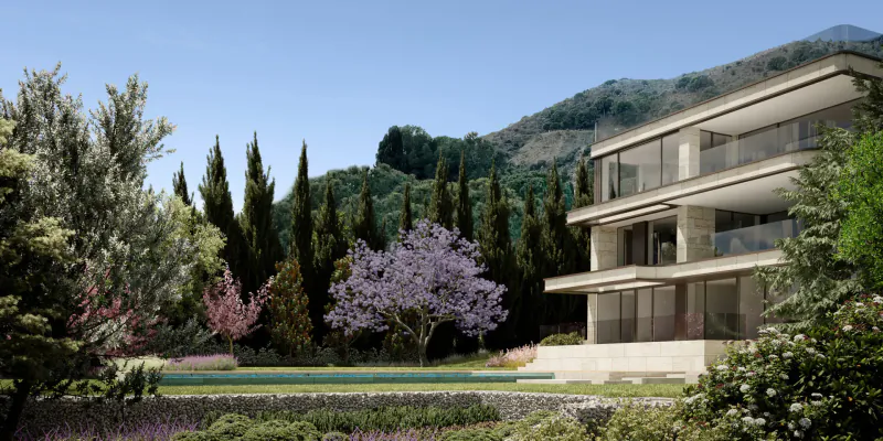 Modern three-story ultra-luxury villa with pool, surrounded by pines, jacarandas, and Barcelona mountains.