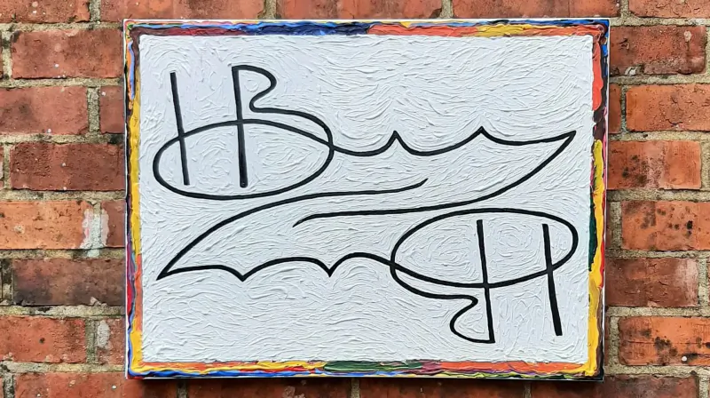Signed99 art: Stylized 'HP' logo with bat wings on textured white plaque in colorful frame, on brick wall