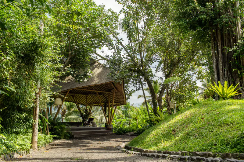 Wooden pavilion in lush tropical garden at Buahan, Bali, with stone path and greenery