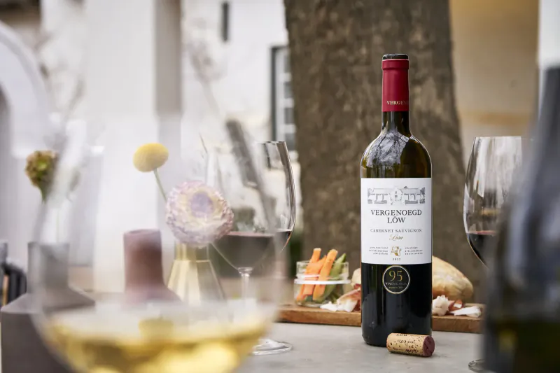 Vergenoegd Löw red wine bottle with cork, wine glasses, cheese, crudités on outdoor table at Vergenoegd estate