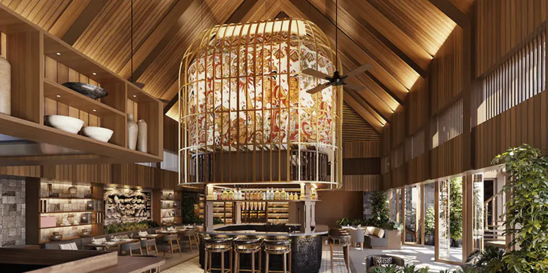 Spacious modern Asian-inspired bar with wooden high ceiling, ornate hanging sculpture, central bar counter, and lounge seating.