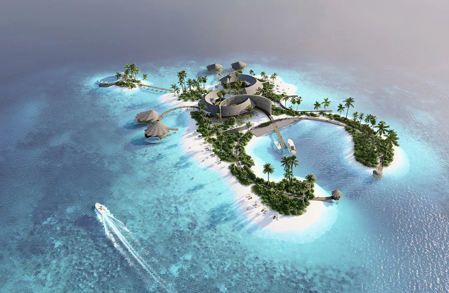 Aerial view of a luxurious tropical island resort with dome structures, palm trees, white sands, turquoise lagoon, and approaching speedboat.